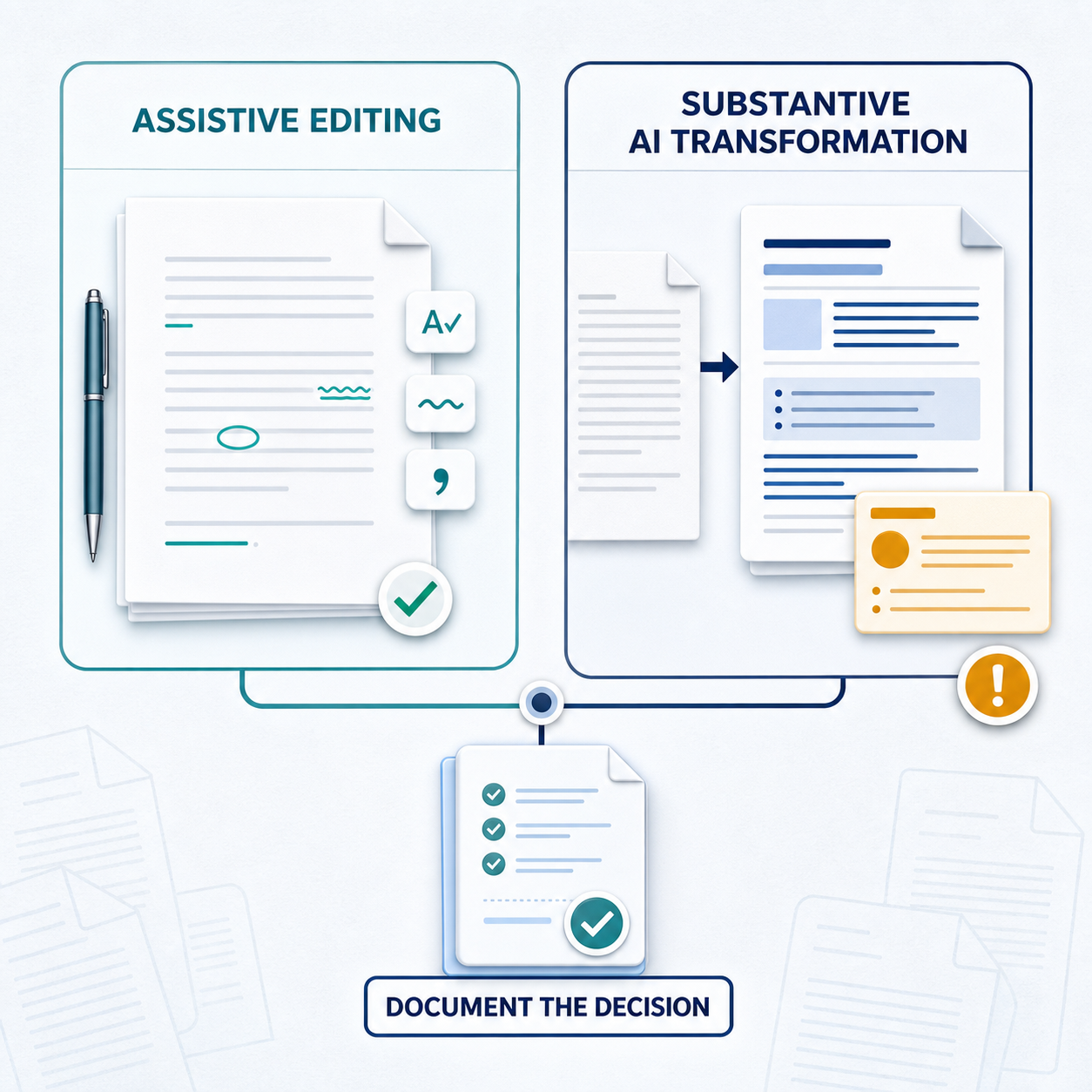 Comparison of assistive editing and substantive AI transformation, both leading to a documented decision