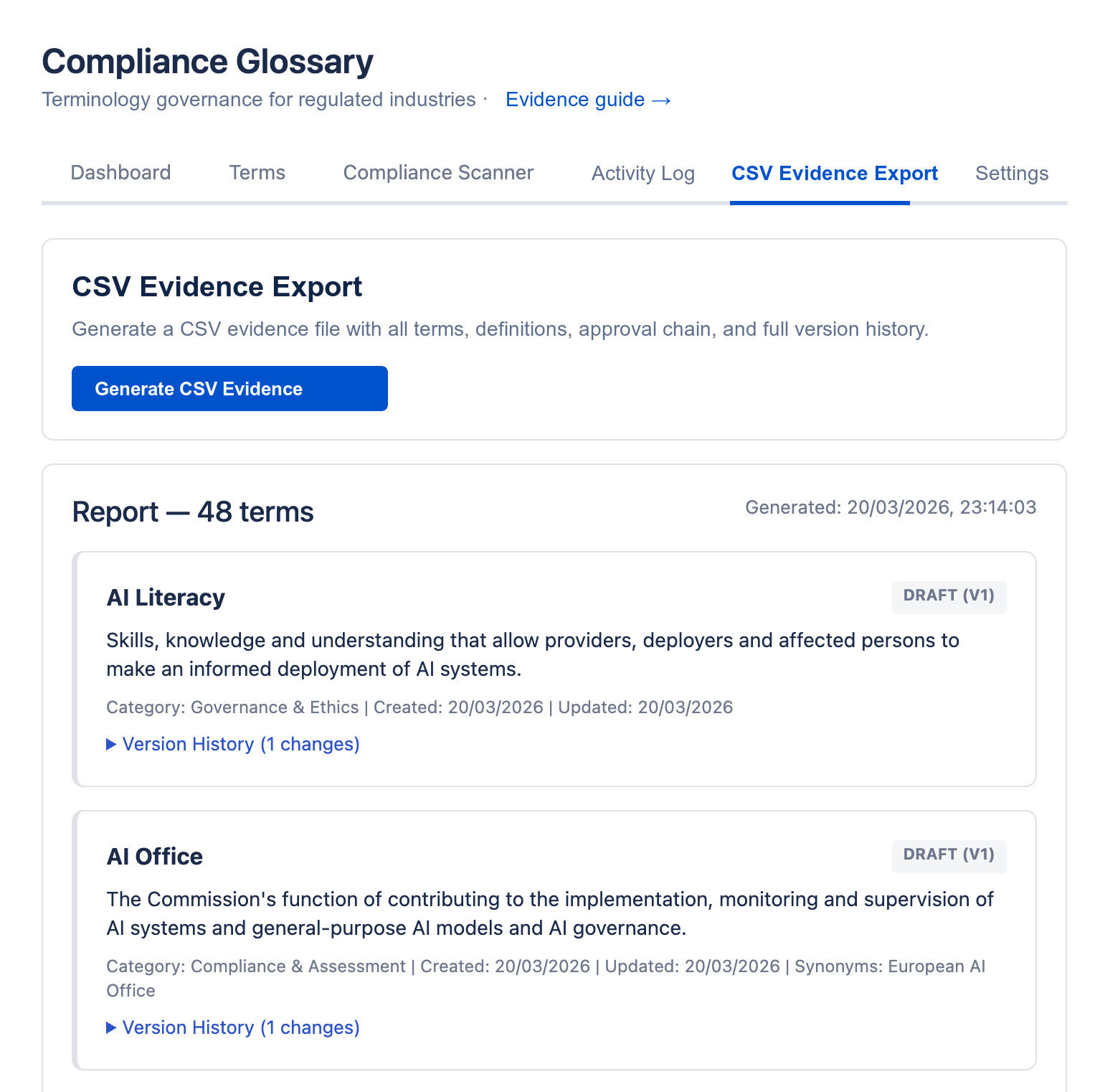 CSV Evidence Export