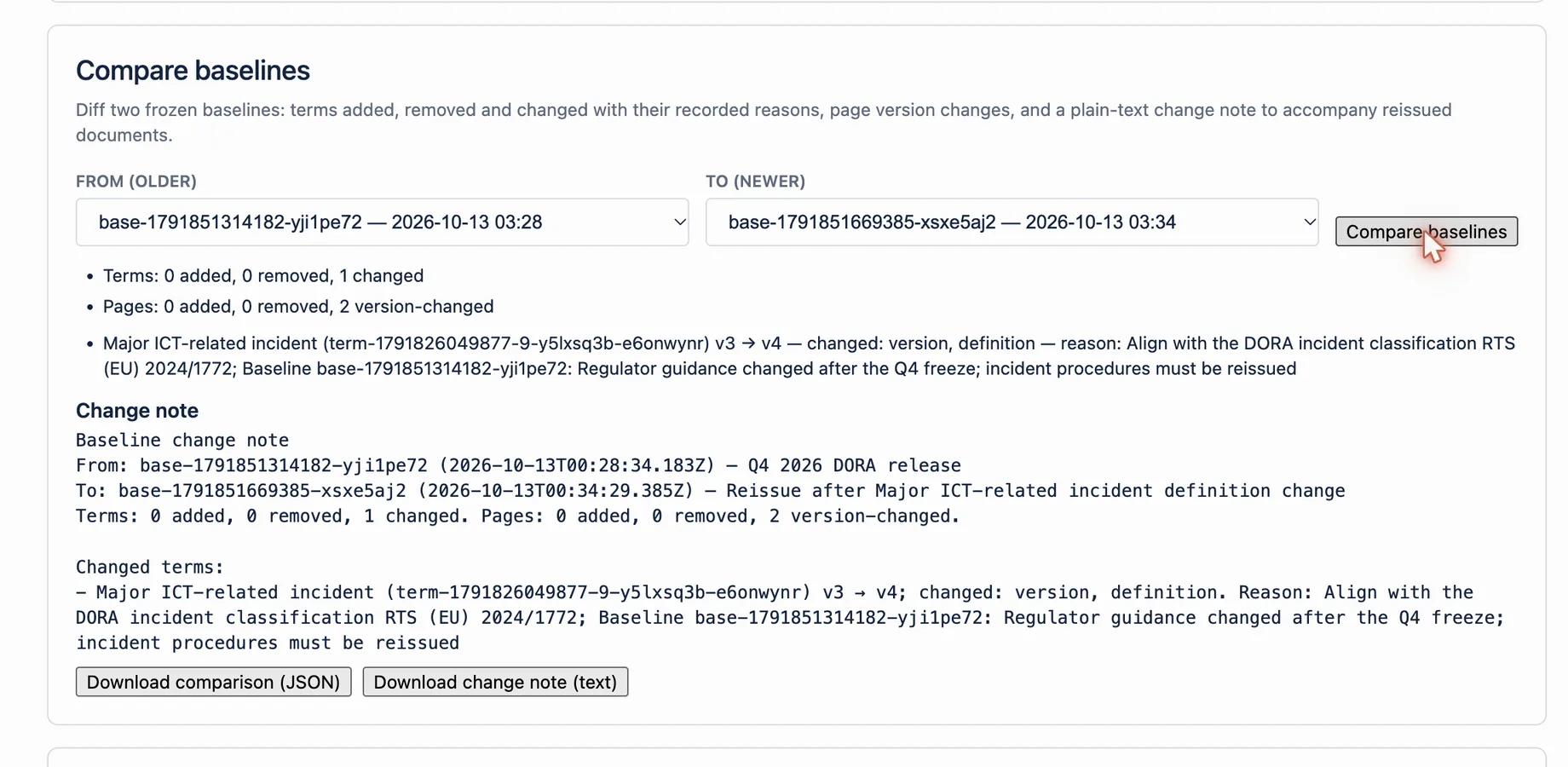 Compare baselines with older and newer baseline pickers, a change summary and the change note text