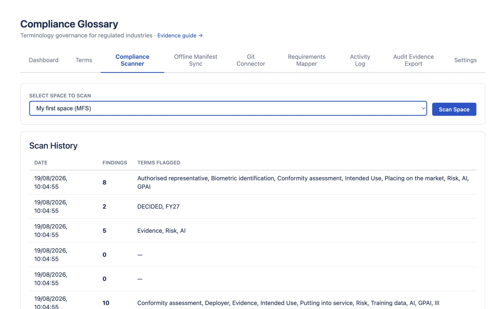 Compliance Scanner with scan history and flagged terms