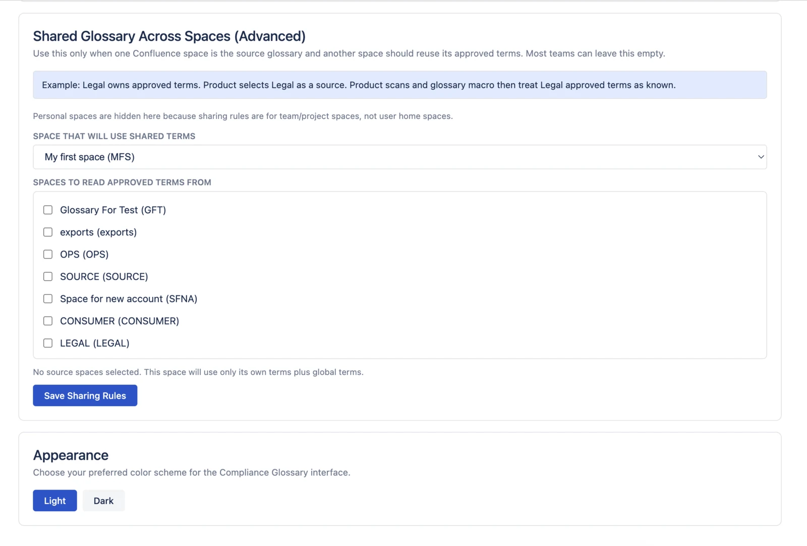 Shared Glossary settings for source and consumer Confluence spaces