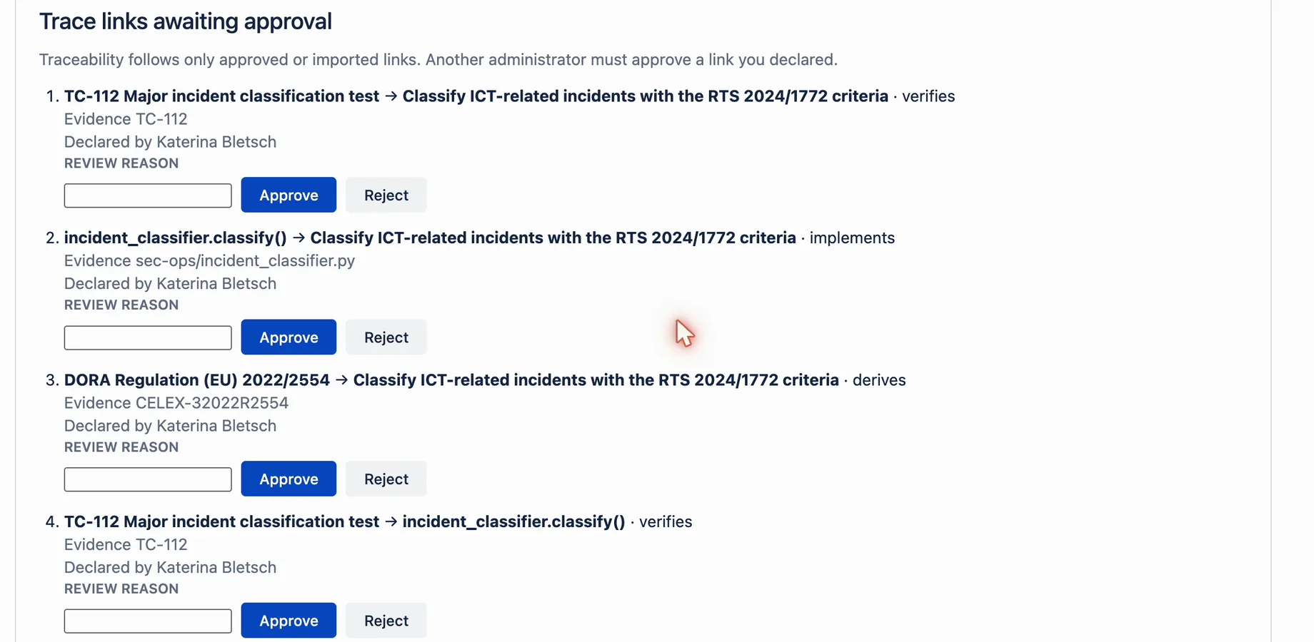Trace links awaiting approval, each with a review reason field and Approve and Reject buttons